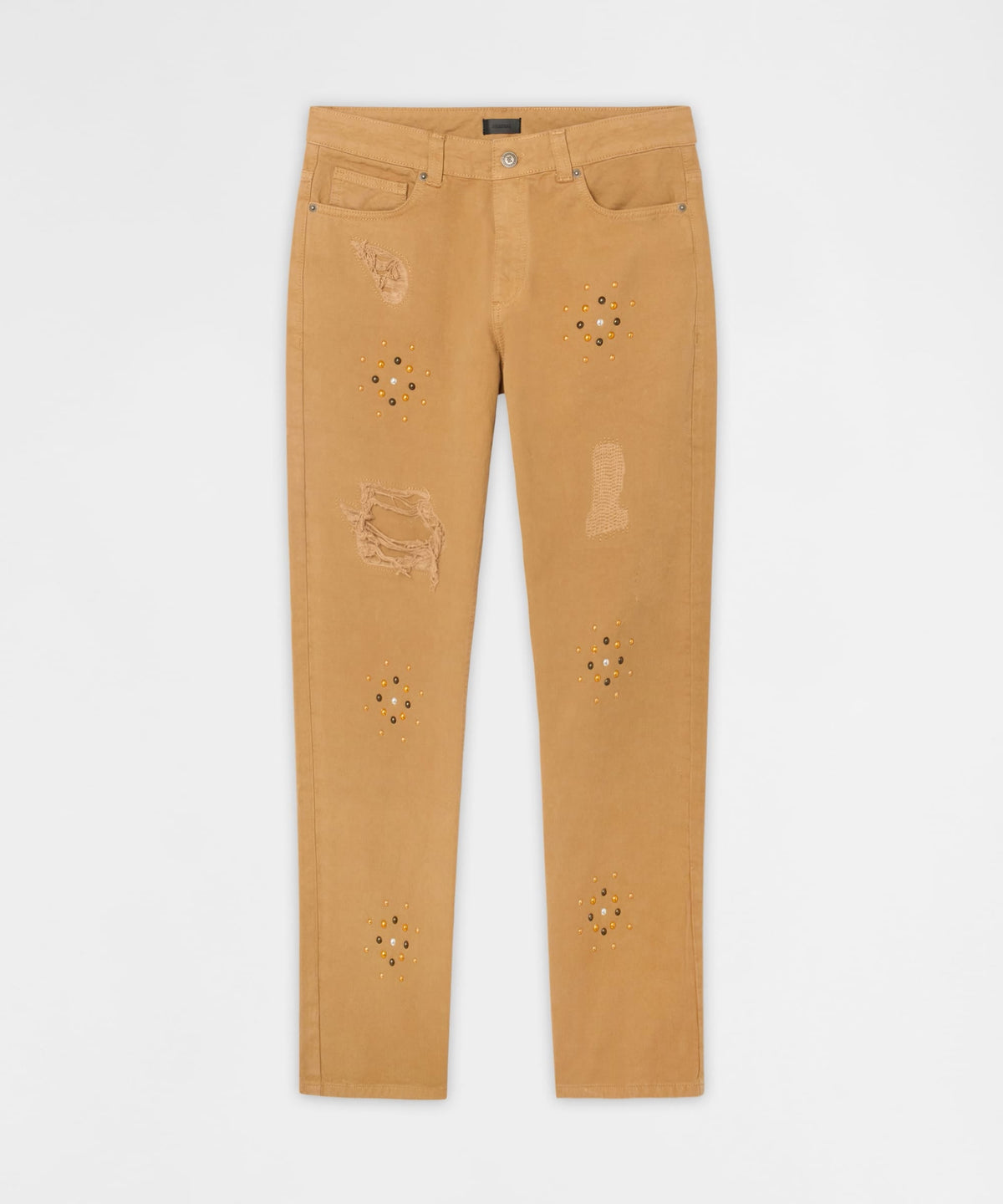 Constellation Studded Distressed Denim Jeans - Khaki